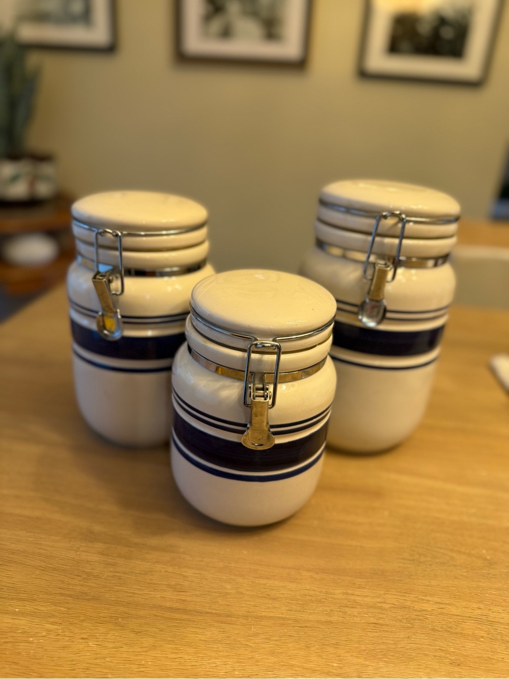 Vintage ceramic Gibson white and blue canisters with locking lids